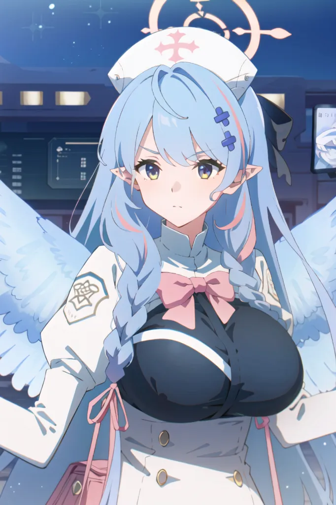 The image is of a beautiful anime-style girl with long blue hair and yellow eyes. She is wearing a white nurse's outfit with a pink bow and has a pair of angel wings. She is standing in front of a blue background with a city skyline in the distance. The girl is smiling and has a gentle expression on her face.