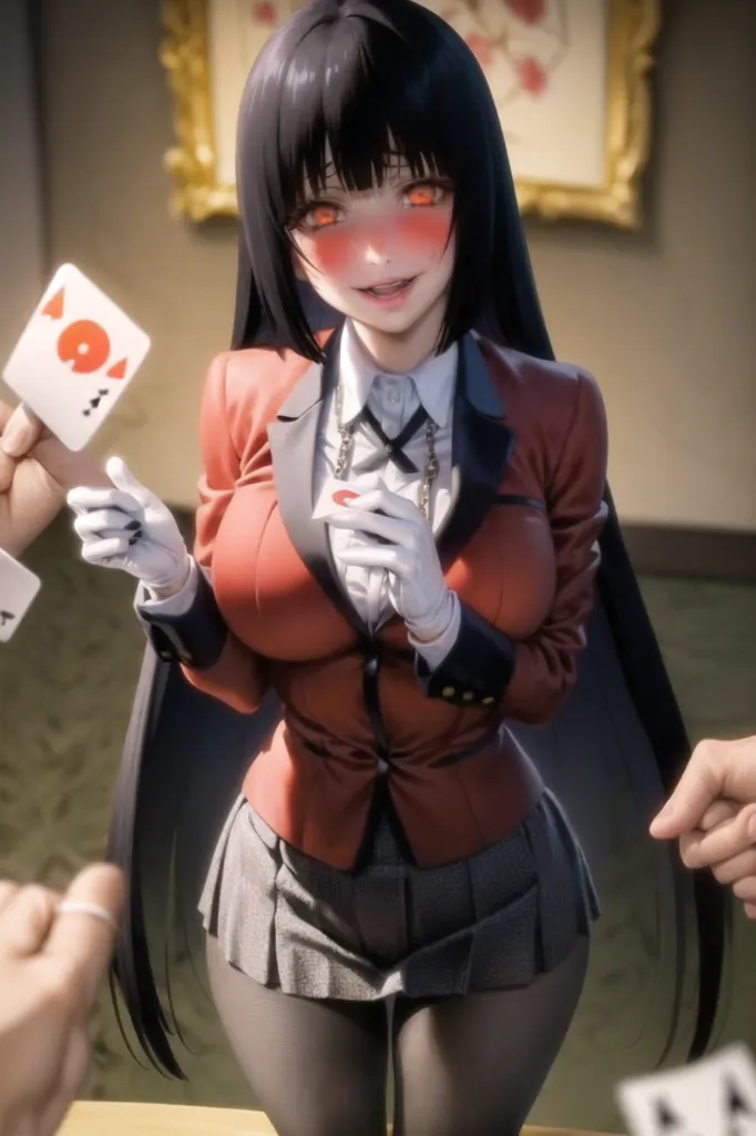 The picture shows a young woman with long black hair and red eyes. She is wearing a red blazer, white shirt, and gray skirt. She is sitting on a chair and is dealing cards. She has a sly expression on her face.