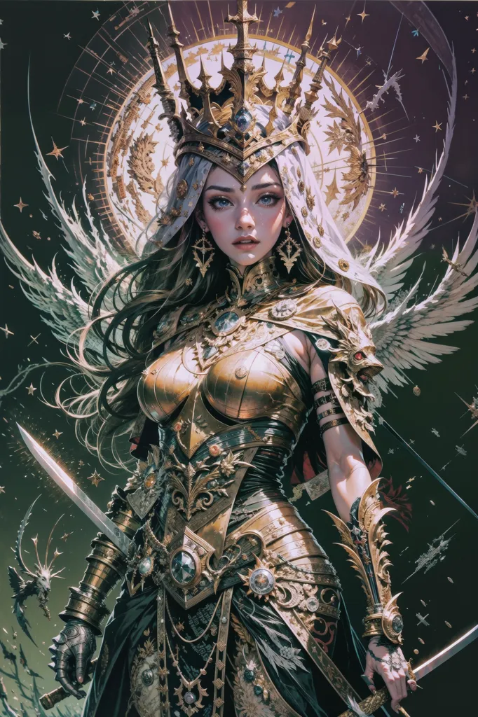 This image shows a beautiful woman with long, flowing hair and piercing blue eyes. She is wearing a golden crown and armor and has a pair of wings made of white feathers. She is standing in front of a dark background with a glowing moon behind her. She is holding two swords.