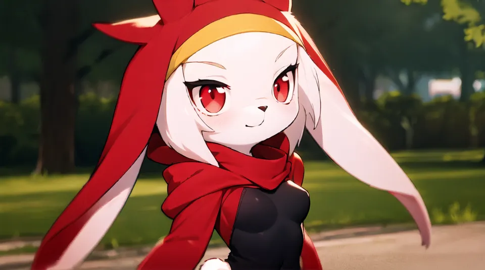 The image is of an anime-style rabbit girl with red eyes and white fur. She is wearing a red hoodie with a yellow band around her neck and has long, floppy ears. She is standing in a park with a blurred background and is looking at the viewer with a slight smile on her face.