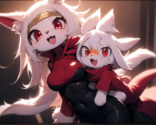 The image is of two cute anime girls with white hair and red eyes. They are both wearing red and black outfits. The girl on the left is taller and has longer hair. She is smiling and has her arms around the girl on the right. The girl on the right is smaller and has shorter hair. She is also smiling and has her arms around the girl on the left. They both have cat ears and tails.