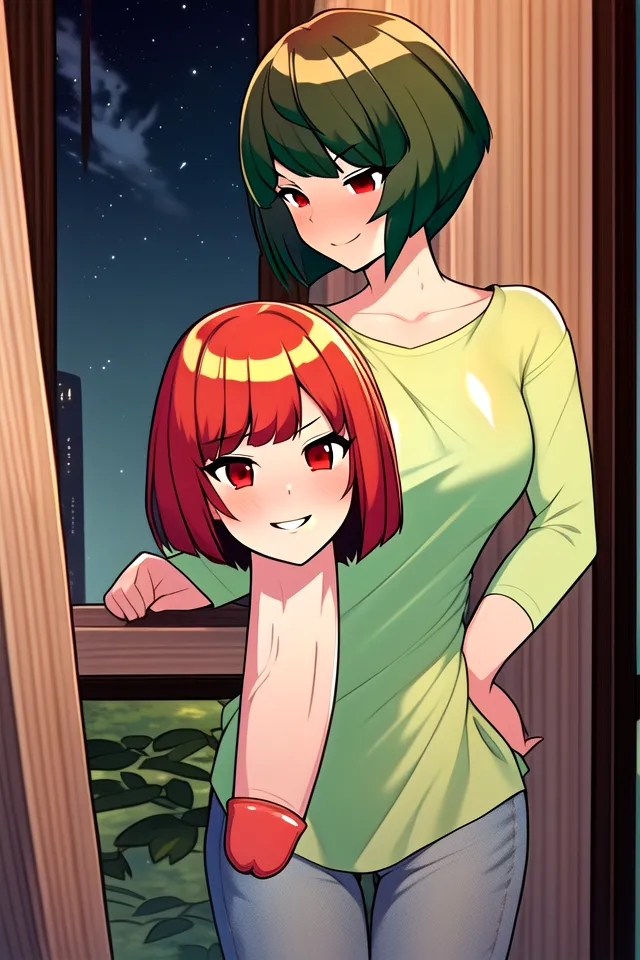 The image is of two women in a room, looking out a window. The woman on the left has red hair and is wearing a green shirt. She has a long, thick neck and a small head. The woman on the right has green hair and is wearing a white shirt. She is taller than the woman on the left and has a larger head. The woman on the left is smiling and has her hand on the woman on the right's shoulder. The woman on the right is looking at the woman on the left with a serious expression.