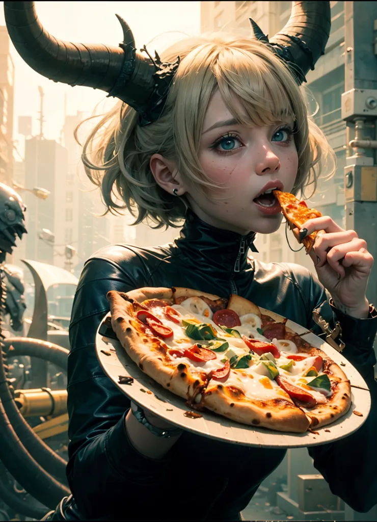 The image shows a young woman with short blonde hair and black horns eating a pizza. She is wearing a black leather jacket and has a serious expression on her face. The background is a blurred cityscape.