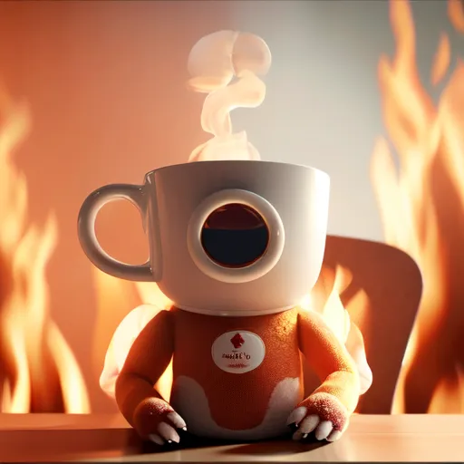 This image shows a coffee cup with a face on it. The coffee cup is sitting on a table. The background is orange flames. The coffee cup is white and orange. The coffee cup has a handle. The coffee cup is steaming.