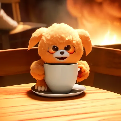 The image shows a small, furry creature sitting at a table. The creature is brown and has large, round eyes. It is wearing a white cup on its head. The creature is holding the cup with both paws. The table is made of wood. There is a fire in the background.