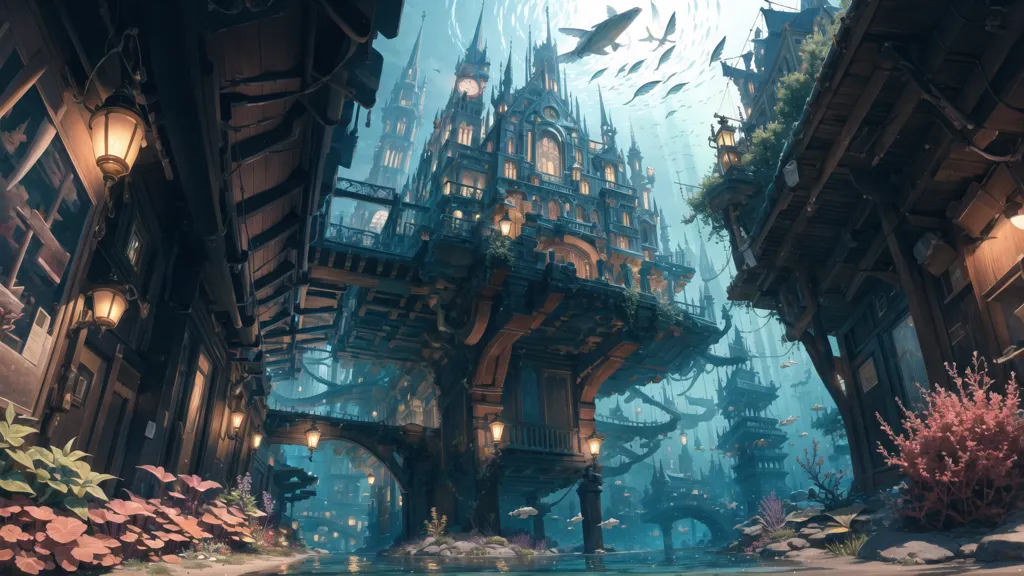 L'image est une peinture de fantasy d'une ville sous-marine. La ville est construite sur une série de plateformes reliées par des ponts et des passerelles. Les bâtiments sont faits de divers matériaux, notamment du bois, de la pierre et du métal. La ville est éclairée par diverses sources, notamment des lanternes et des cristaux lumineux. L'eau est claire et bleu-vert, et il y a une variété de poissons et d'autres créatures marines qui nagent autour.