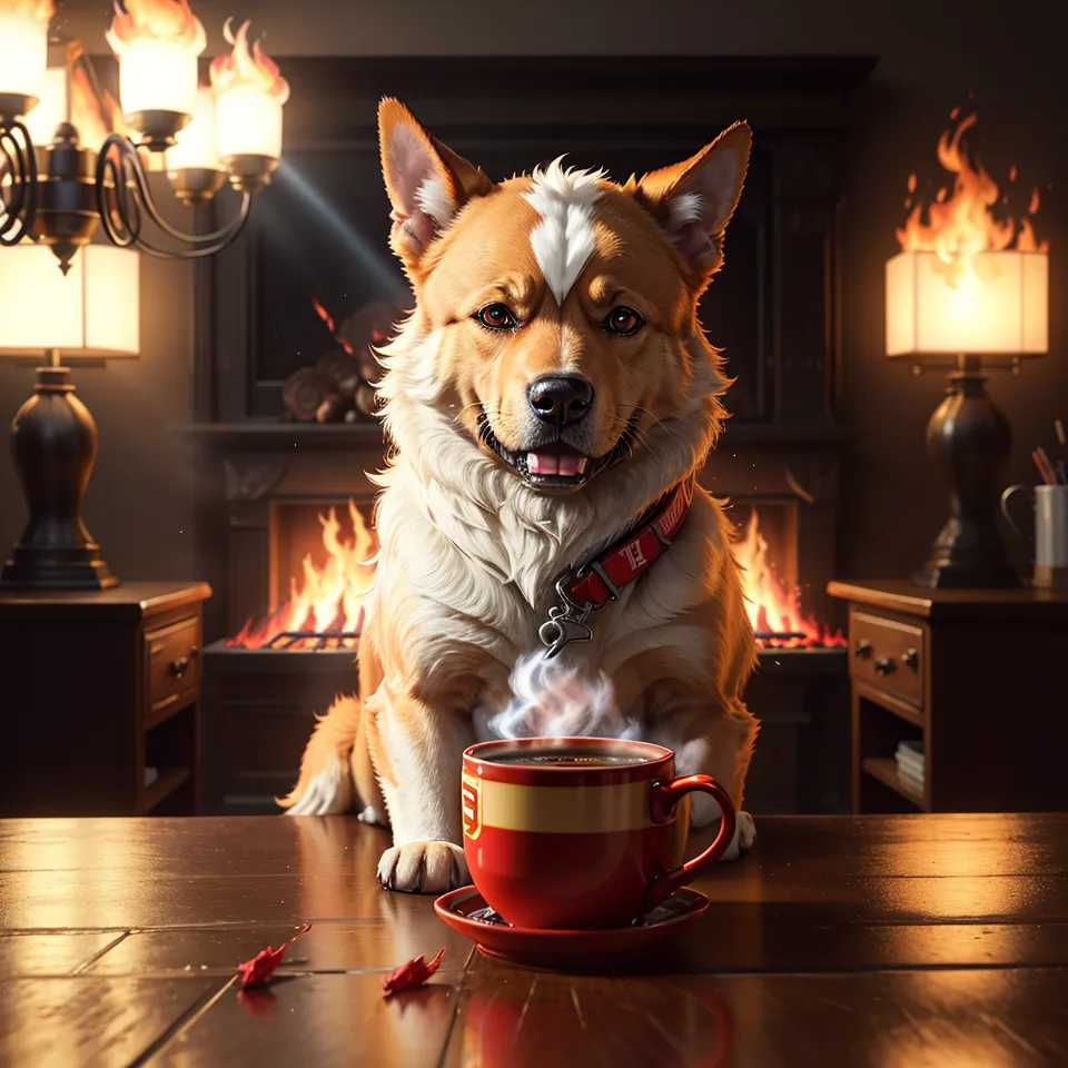 L'image montre un corgi assis sur une table devant une cheminée. Le corgi porte un collier rouge avec une étiquette. Il y a une tasse de café sur la table devant lui. Le corgi regarde la caméra avec une expression curieuse. Il y a des flammes dans la cheminée et deux lampes allumées sur la table derrière lui.