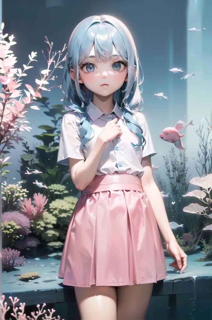 The image is a digital painting of a young girl with blue hair and pink eyes. She is wearing a white shirt and a pink skirt. The girl is standing in front of a large aquarium with a variety of fish swimming around. The aquarium is decorated with plants and coral. The girl has her hand on her chest and is looking at the fish with a smile on her face.