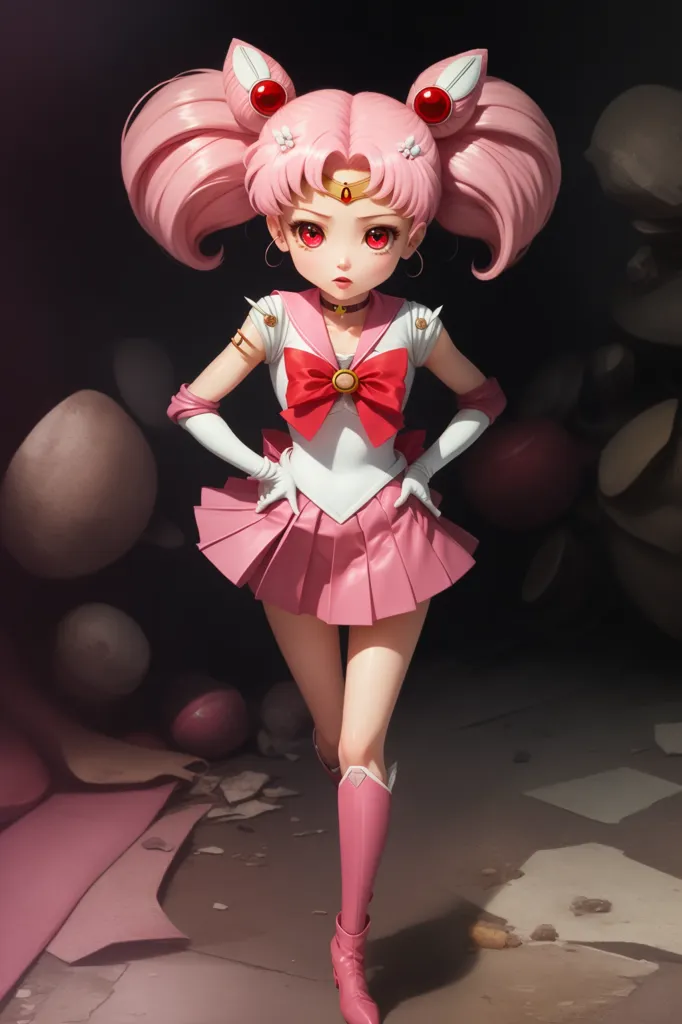 The image is of a young girl with pink hair and red eyes. She is wearing a pink and white sailor suit with a red bow. She has a determined expression on her face and is standing in a fighting stance. The background is dark and there are some rocks and debris on the ground.