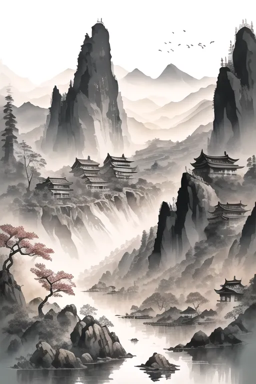 The image is a Chinese landscape painting. It is done in a realistic style, with fine detail and shading. The painting depicts a mountain valley with a river running through it. The mountains are covered in trees and mist, and there are several buildings on the banks of the river. The painting is done in shades of grey, with a light blue wash over the mountains. The overall effect is one of peace and tranquility.