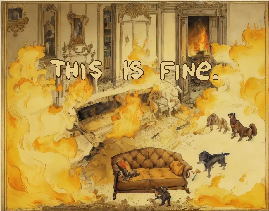 The image is a painting of a room on fire. The room is in disarray, with furniture overturned and debris scattered everywhere. The walls are covered in flames, and the floor is littered with burning embers. There are two dogs in the room, one of which is barking at the fire, and the other is running away. A cat is sitting on a couch in the middle of the room, calmly licking its paw. The painting is done in a realistic style, and the colors are vibrant and lifelike. The overall effect is one of chaos and destruction, but there is also a sense of humor in the way that the animals are depicted. The painting is a commentary on the human condition, and it reminds us that even in the midst of chaos, there is always hope.