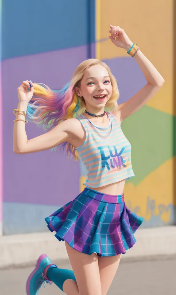 The image shows a young girl with long blonde hair, multi-colored tips at the end of her hair, blue eyes, and a bright smile on her face. She is wearing a white cropped tank top with light blue stripes and the word "LOVE" written in rainbow letters on the front. She is also wearing a purple and blue plaid pleated skirt, and blue socks with light blue sneakers. She has two bracelets on her right wrist and one on her left wrist. She is standing in front of a colorful background with her arms in the air.