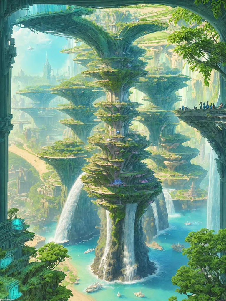 The image depicts a city built on top of a giant tree. The tree is surrounded by waterfalls, and there are several buildings and structures built on its branches. The city is surrounded by a lush green forest, and there are several waterfalls flowing down from the tree. There are also several people walking around on the walkways and bridges. The image is very detailed, and it is clear that the artist put a lot of thought into creating it.