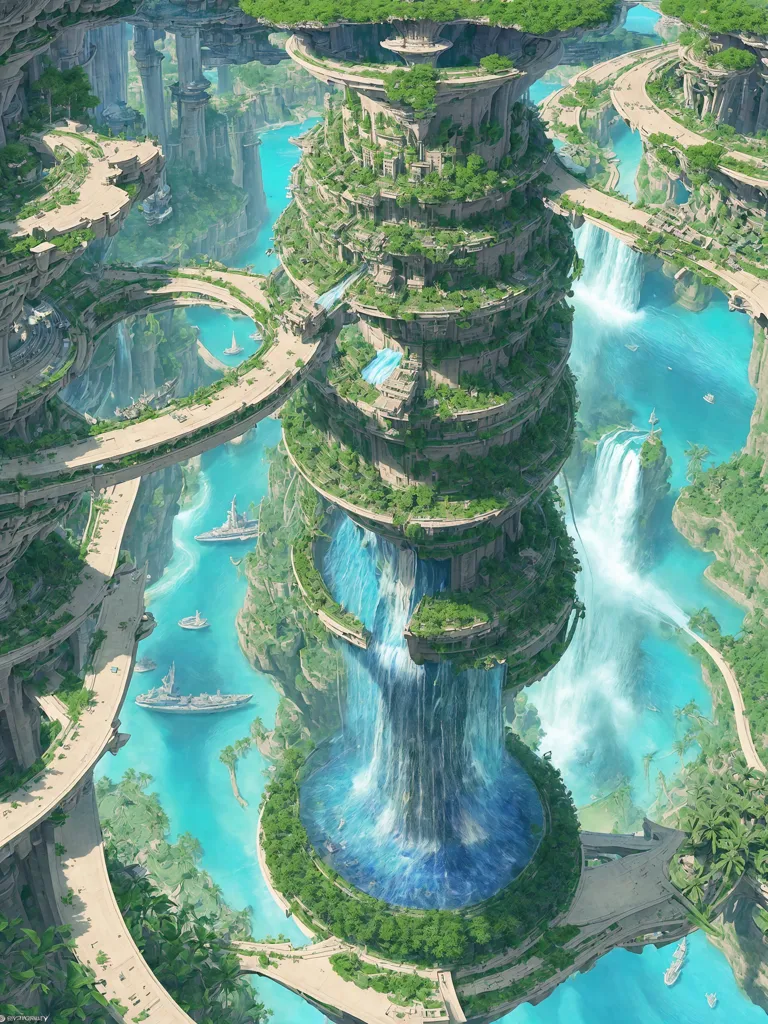 La imagen es una pintura digital de una ciudad construida sobre una serie de islas flotantes. La ciudad está rodeada por un gran cuerpo de agua y hay cascadas que fluyen desde las islas hacia el agua. Las islas están cubiertas de exuberante vegetación y hay edificios y estructuras construidos sobre ellas. La ciudad está conectada por una serie de puentes y pasarelas.