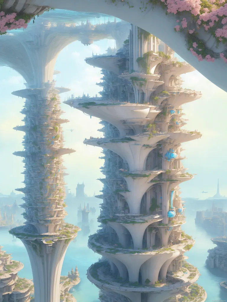 The image depicts a futuristic city built on top of tall pillars. The city is surrounded by a body of water and there are several bridges connecting the different parts of the city. The buildings are covered in vegetation and there are several waterfalls flowing down the sides of the pillars. The city is lit by a bright sun and there are several birds flying around.