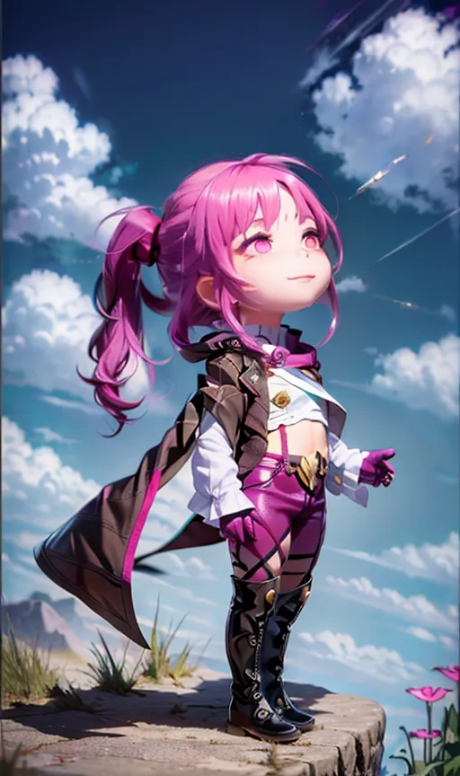 The image is of a young girl with pink hair and purple eyes. She is wearing a white shirt, a purple jacket, and black pants. She is standing on a rock in front of a large cliff. There are clouds in the sky and a few flowers in the foreground. The girl is smiling and has her hand raised in the air.