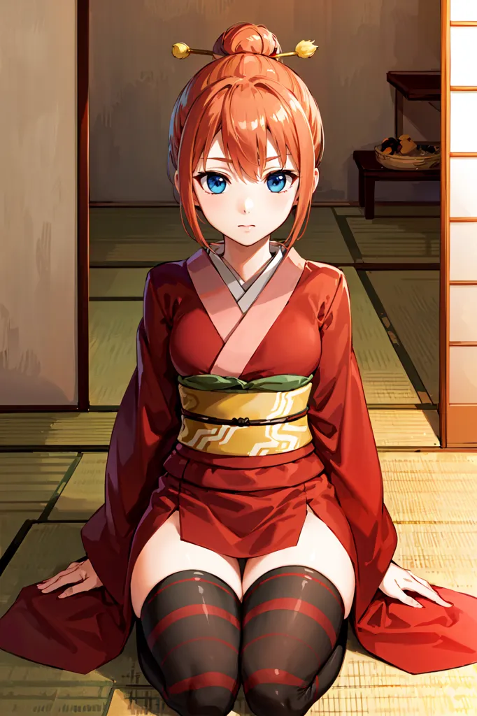 The image contains a young woman in a red kimono with white and green obi. She is sitting on the floor with her legs crossed. She has brown hair tied in a bun and blue eyes. The background is a traditional Japanese room with tatami mats and a shoji screen.