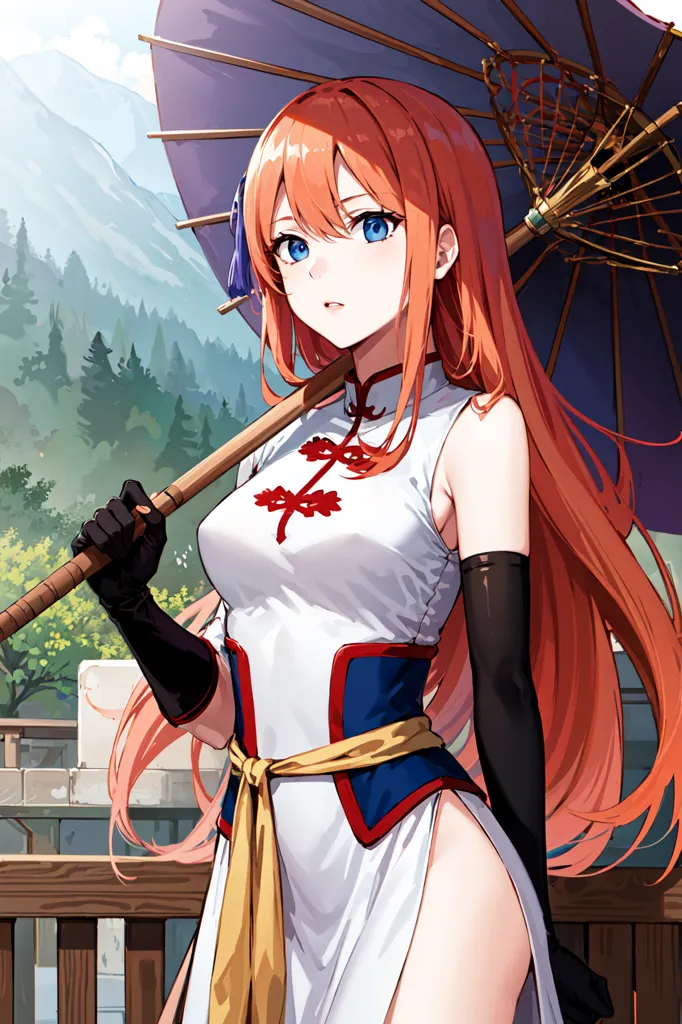 The image is of a young woman wearing a white and red cheongsam-style dress with a yellow sash and black gloves. She is holding a blue and purple umbrella and has long red hair and blue eyes. She is standing on a wooden railing with a mountainous landscape in the background.