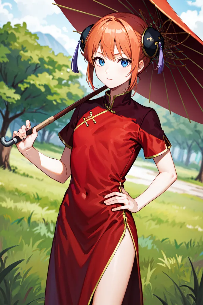 This image shows a young woman wearing a red cheongsam dress with a high collar and a long slit on one leg. The dress has black and gold trim and is held closed by a frog closure. She is also wearing black flats with white soles. She has long red hair that is tied up in a bun with two long strands hanging down in front. She is holding a red and black umbrella in her right hand and has her left hand on her hip. She is standing in a grassy field with trees in the background.