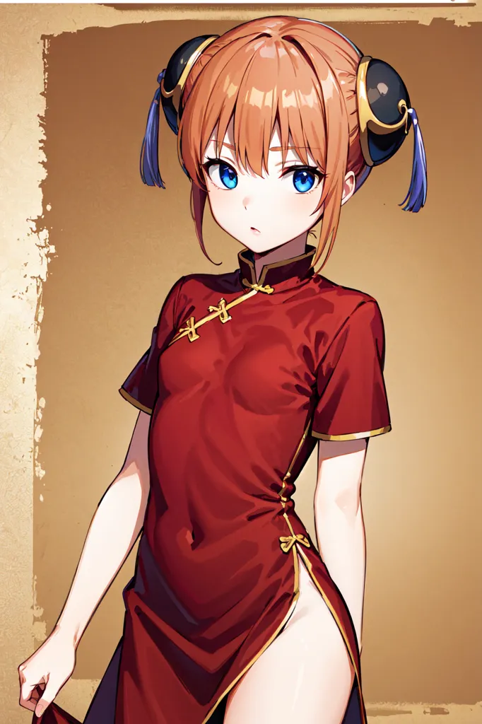 The image is a portrait of a young woman with long red hair and blue eyes. She is wearing a red cheongsam with gold trim and black headphones. The cheongsam is short and has a high collar. The woman is standing with her left hand on her hip and her right hand holding the edge of her cheongsam. She has a serious expression on her face. The background is a beige color with a brown border.