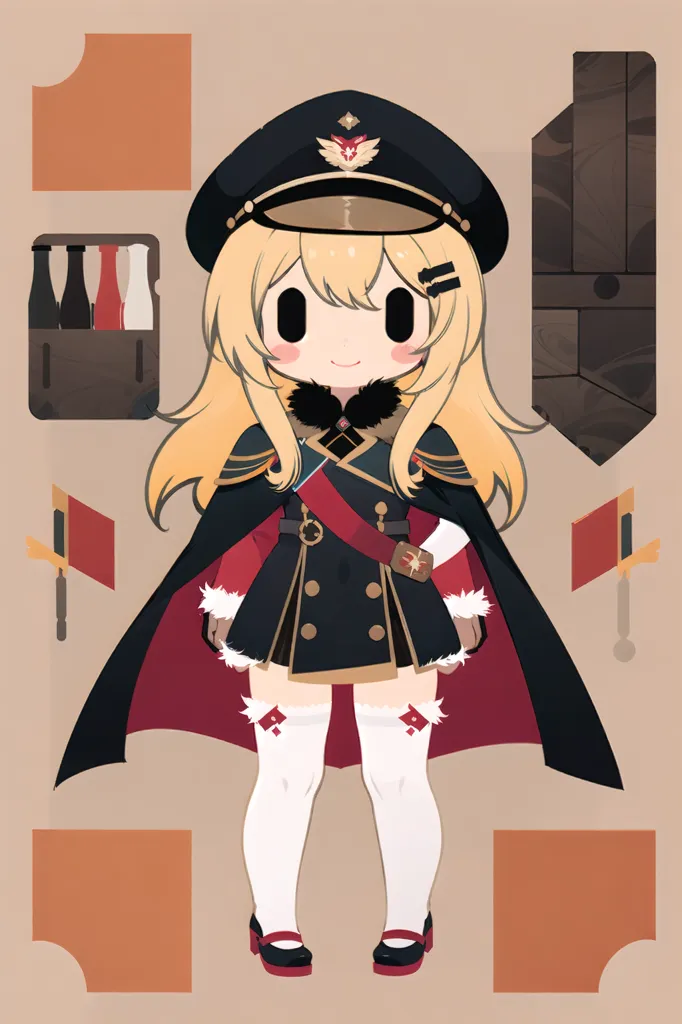 L'image représente un personnage de style chibi avec des cheveux blonds et des yeux bleus. Elle porte une tenue de style militaire noire avec une cape rouge et un chapeau noir avec un bandeau rouge. Elle porte également des bas blancs et des chaussures noires. Il y a plusieurs objets autour d'elle, notamment une caisse de bouteilles, un drapeau et une lanterne.