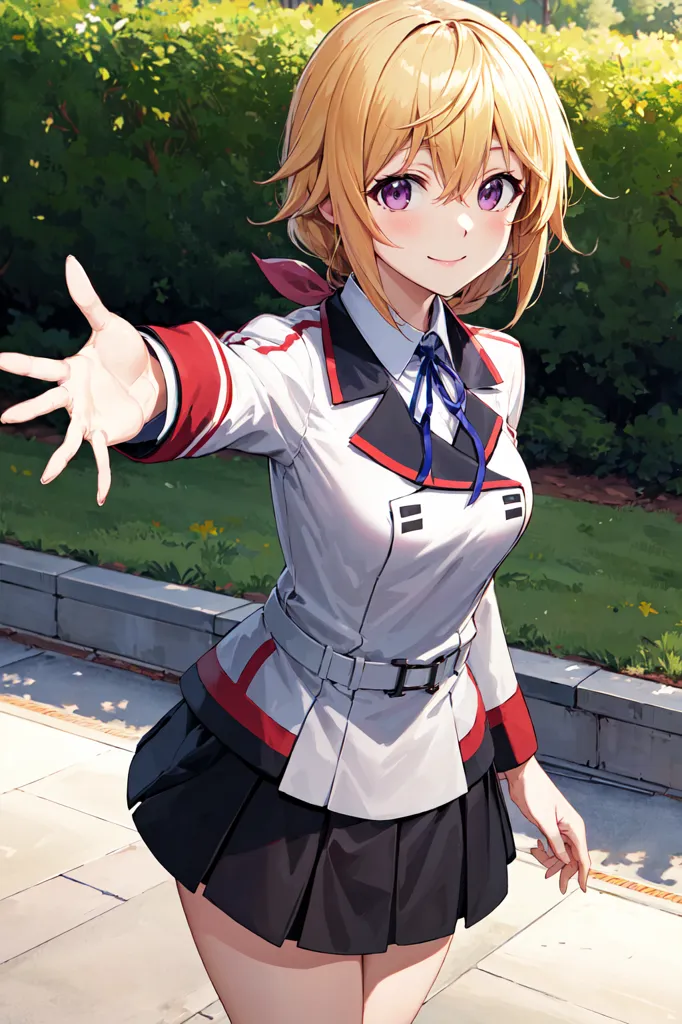 The image shows a young woman with long blonde hair and purple eyes. She is wearing a white and gray military-style uniform with a black skirt and a red tie. She has a friendly smile on her face and is reaching out with her right hand. She is standing in a park with green grass and trees in the background.