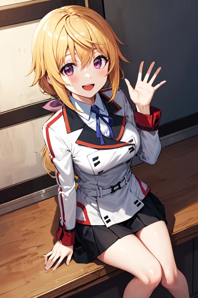 The image is a digital painting of a young woman in a white military uniform. She has long blonde hair and purple eyes, and is smiling and waving at the viewer. She is sitting on a bench, with her legs crossed and her hands resting on her lap. The background is a blurred image of a classroom.