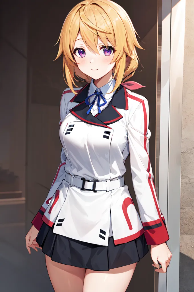 The image shows a young woman with long blonde hair and purple eyes. She is wearing a white military-style jacket with a blue tie and a black skirt. She is also wearing a white belt with a silver buckle. The woman is standing in a doorway, and she has a confident smile on her face.