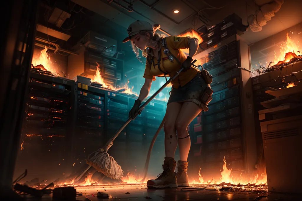 A woman wearing a yellow shirt and cap is mopping up a server room that is on fire. She has a determined look on her face, and she is not going to let the fire stop her from doing her job. The fire is spreading quickly, but she is not going to give up. She is going to keep mopping until the fire is out, and she is going to save the server room.