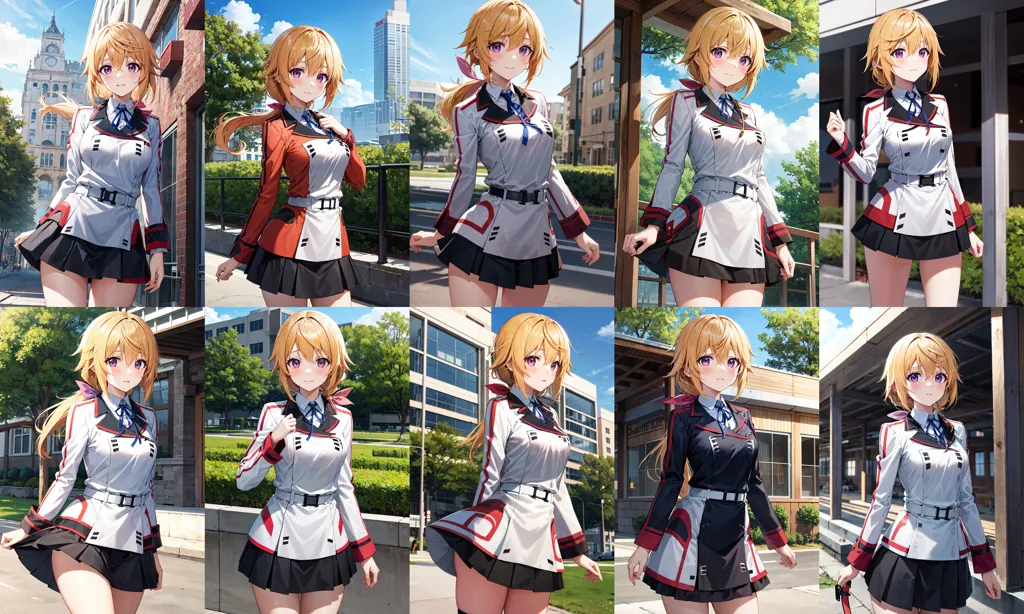 The image shows a grid of 9 different images of the same anime girl. She has long blonde hair and purple eyes. She is wearing a white shirt, a black skirt, and a red tie. She is also wearing a white jacket in some of the images. The background is a city street with trees and buildings.