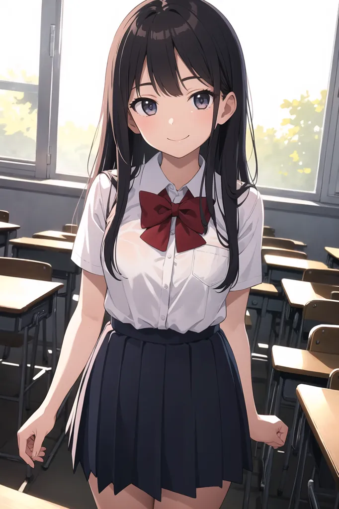 The image shows a young girl with long black hair and purple eyes. She is wearing a white shirt, a red bow, and a black skirt. She is standing in a classroom, and there are empty desks and chairs all around her. The girl has a shy smile on her face, and she is looking at the viewer.