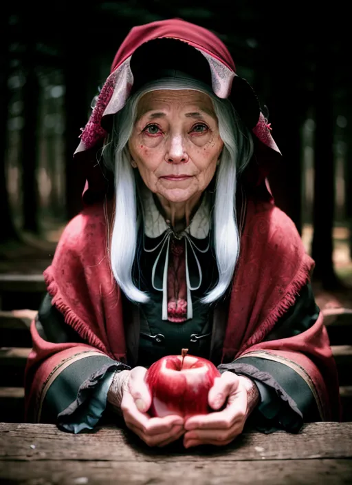 Cette image montre une vieille femme aux longs cheveux blancs et à la cape rouge avec un col blanc. Elle est assise dans une forêt sombre, tenant une pomme rouge dans ses mains. La femme a une expression sévère sur son visage. Elle regarde le spectateur avec ses yeux rouges.