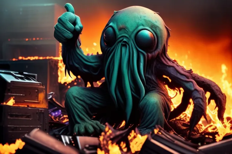 The image shows a green octopus-like creature sitting on a pile of burning debris. The creature is smiling and giving a thumbs-up. It has large, glowing eyes and a wide mouth. The background is a fiery orange color. The creature is surrounded by flames.