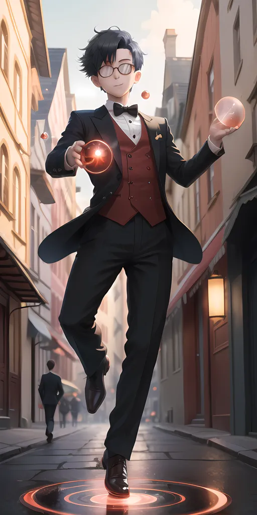 The image shows a young man in a black suit, red vest, and bow tie performing magic tricks with two red balls in a European-style street with people walking in the background. He is looking at the red ball in his right hand while the other ball is above his left hand. He has a serious expression on his face.