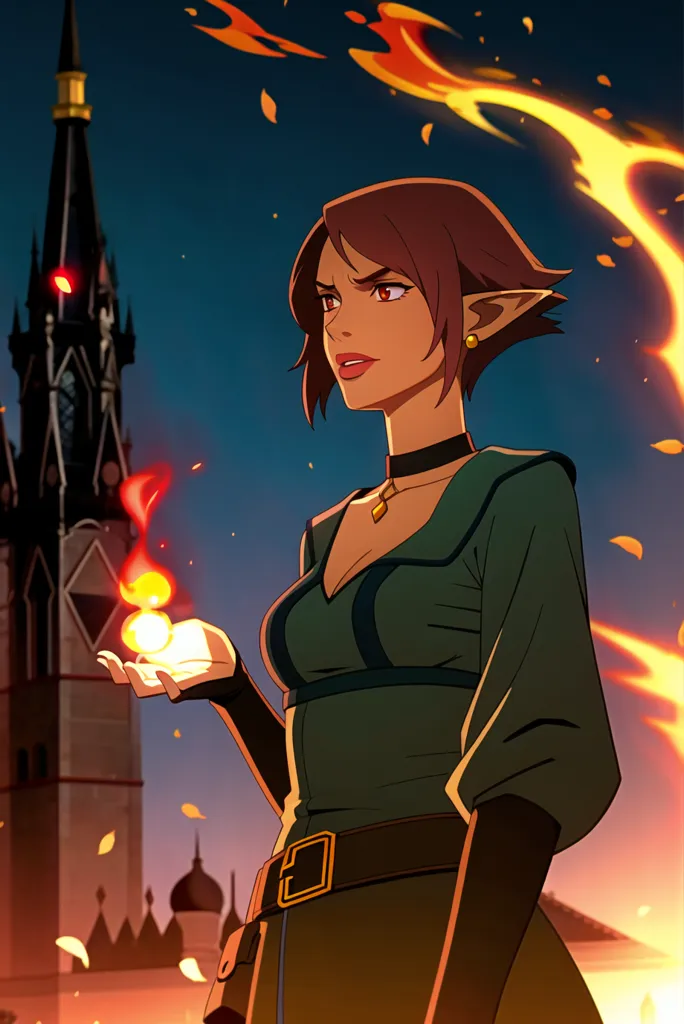 This is an image of a woman with pointy ears, dark brown hair, and green eyes. She is wearing a green shirt with a brown belt and brown boots. She is holding a small ball of fire in her right hand. In the background, there is a tower on fire.