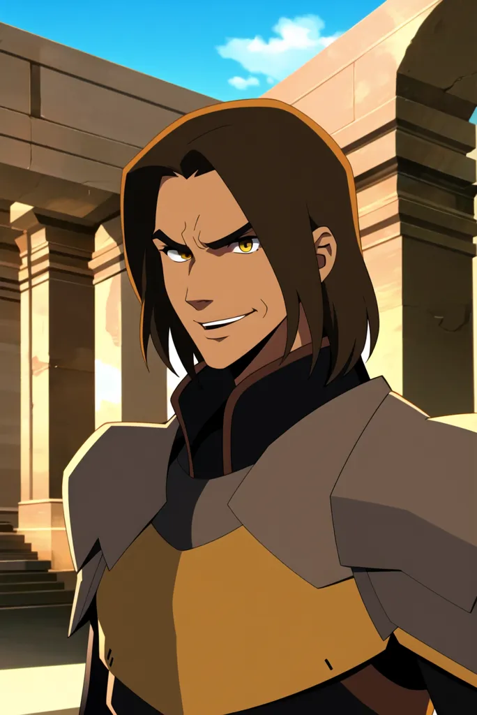 The image shows a man with brown hair and yellow eyes. He is wearing a brown and yellow outfit with armor on his shoulders. He has a confident smile on his face and is standing in front of a stone building with large columns.