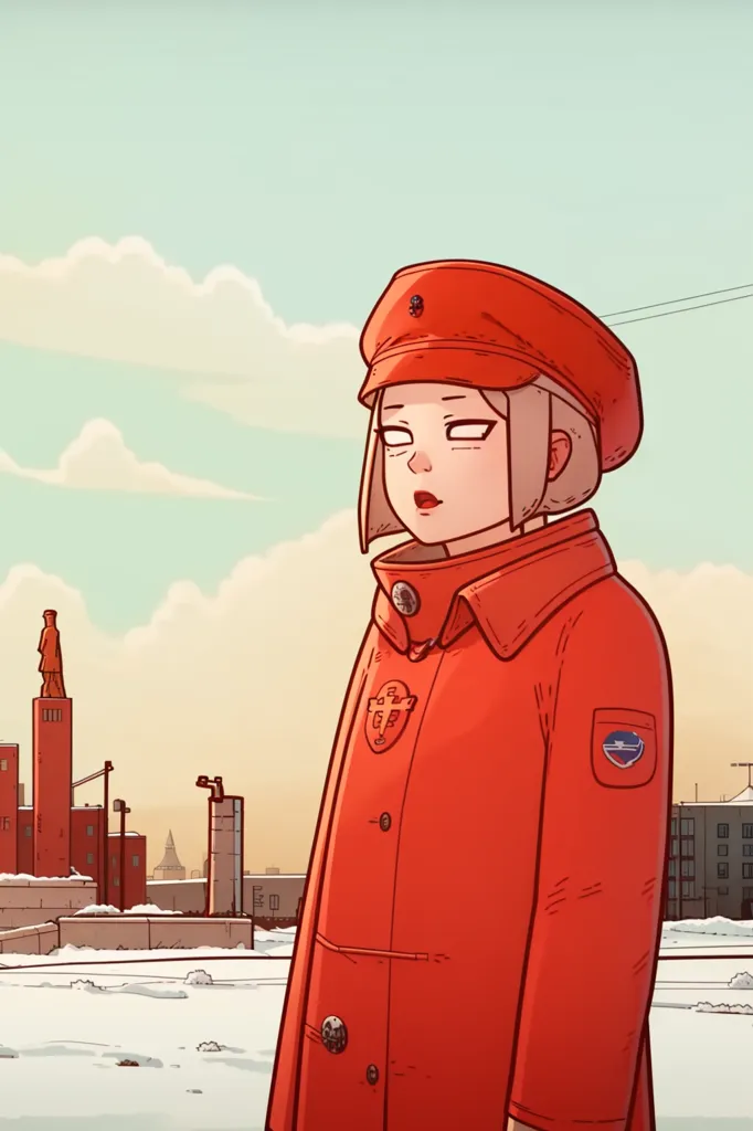 The image is of a young woman standing on a rooftop in a snowy city. She is wearing a red coat and a red hat with a badge on it. The background is of a city with tall buildings and a statue in the distance. The sky is cloudy and there is a hint of sunlight peeking through the clouds. The woman is looking to the left of the frame, perhaps at the statue.