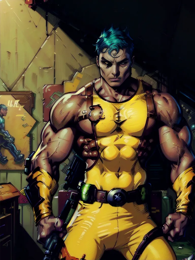 This is an image of a muscular man with green hair and blue eyes. He is wearing a yellow and blue outfit and has a gun in his hand. He is standing in a dark room with a lot of machinery around him.