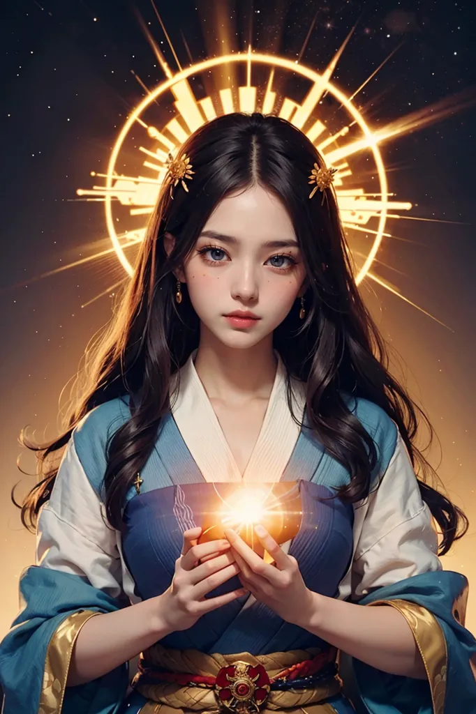 The image shows a young woman with long dark hair and blue eyes. She is wearing a traditional Chinese dress with a white and blue robe with golden details. The woman is standing in front of a dark background with a golden halo around her head. She has a gentle expression on her face and her eyes are slightly downcast.