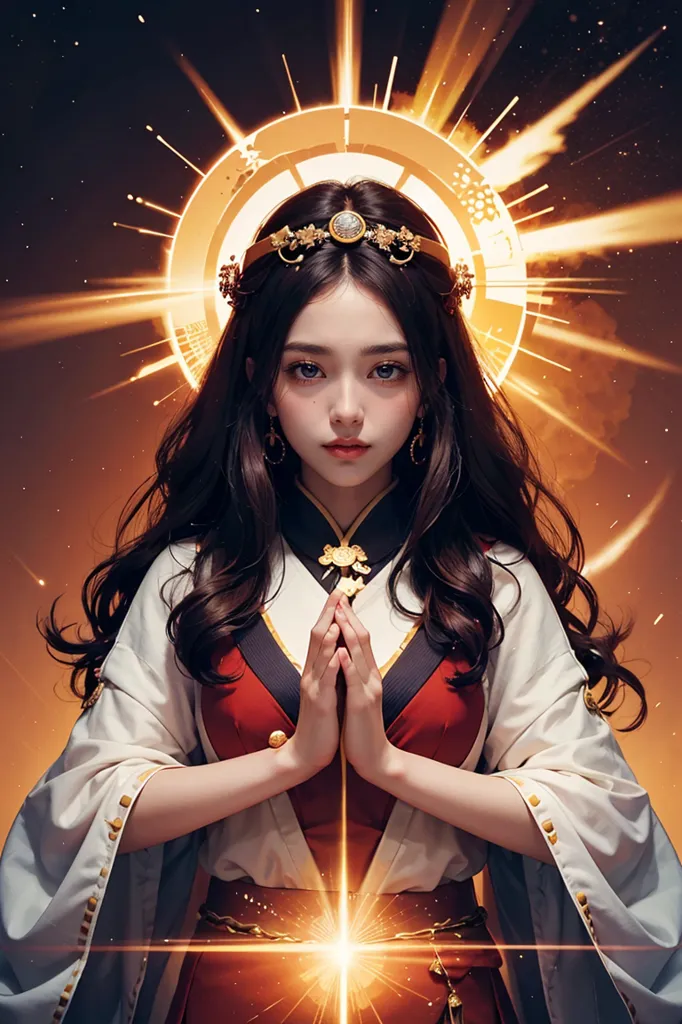 Esta imagen muestra a una mujer joven, con el cabello oscuro y largo y ojos marrones, que lleva un kimono rojo y blanco con detalles dorados. Tiene un halo dorado alrededor de la cabeza y tiene las manos juntas frente a ella en posición de oración. Hay una luz brillante que sale de sus manos. El fondo es de color naranja oscuro.