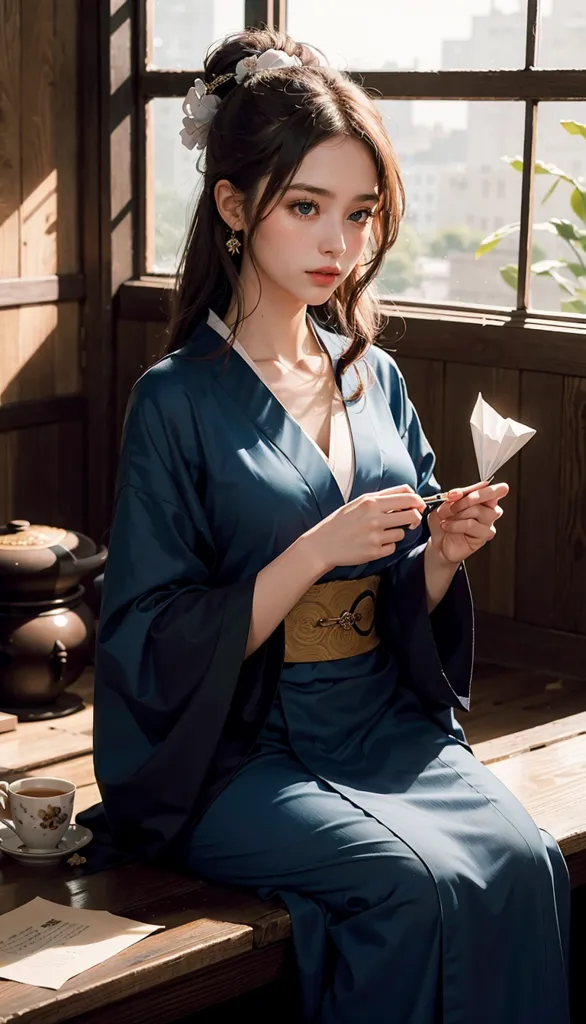 The image shows a young woman wearing a blue kimono with a white obi. She has long brown hair with a white flower in it. She is sitting on a wooden bench in front of a window. There is a small table next to her with a teacup and a letter on it. The woman is holding a white paper fan. She is looking at the fan with a thoughtful expression on her face.