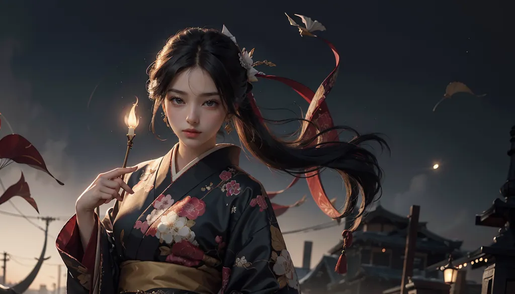 The picture shows a beautiful Asian girl in a kimono with a floral pattern. She has long black hair and brown eyes. She is holding a candle in her right hand. There are some butterflies and birds flying around her. The background is a dark night sky with a few stars.