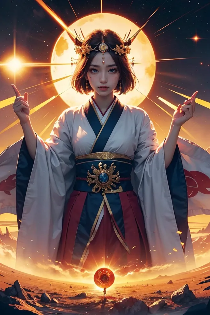 The image is of a beautiful young woman with short brown hair and brown eyes. She is wearing a traditional Japanese kimono with a red and white pattern and a golden obi. She has a golden crown on her head and is standing in front of a large moon. The moon is surrounded by a golden halo and there are stars in the sky. The woman is holding her hands out in front of her and there is a small figure of a person standing in front of her. The figure is wearing a white robe and has a golden halo around its head. The woman is looking down at the figure with a serene expression on her face.