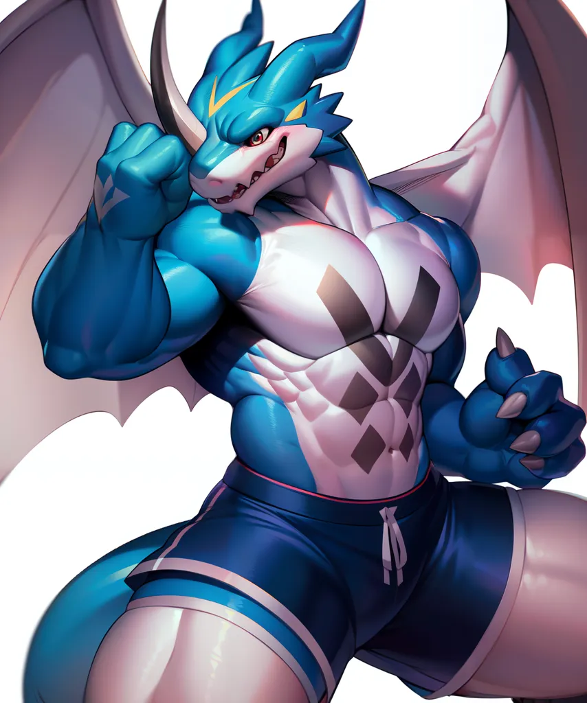 The image is of a muscular, blue dragonfurry wearing blue shorts. The dragon has its fist raised in a fighting stance. It has white and grey markings on its chest and abdomen. Its wings are spread out behind it and its tail is curled up in the air. The dragon has a determined expression on its face and seems ready to fight.