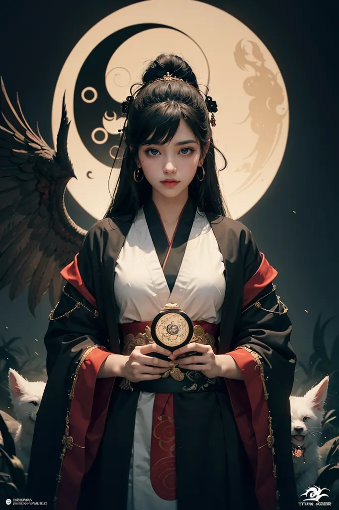 A imagem é um retrato de uma bela mulher asiática com cabelos pretos longos e olhos azuis. Ela está usando um vestido tradicional chinês com uma túnica externa branca e vermelha e uma túnica interna branca. O vestido é guarnecido com ouro e tem uma saia longa e fluida. A mulher está em pé diante de uma lua cheia, com dois lobos brancos sentados de cada lado dela. A mulher tem uma expressão serena no rosto e está olhando para o observador.