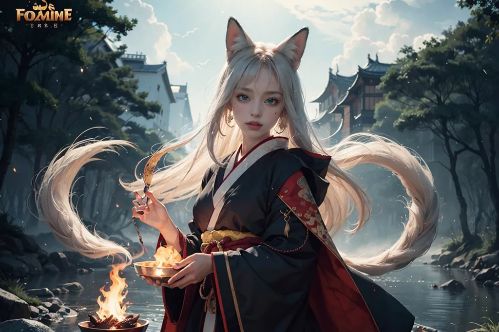 A imagem é de uma bela mulher jovem com cabelos brancos longos e orelhas de raposa. Ela está vestindo um quimono japonês tradicional e segurando uma tigela de fogo. Ela está em pé em uma floresta perto de um rio, e há alguns edifícios ao fundo. A imagem é muito detalhada e realista, e a expressão da mulher é ao mesmo tempo serena e misteriosa.