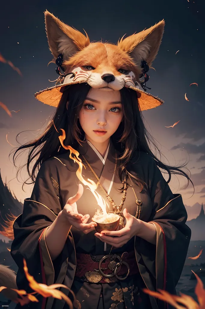 The image is of a beautiful young woman with long black hair and fox ears. She is wearing a traditional Japanese kimono and a fox mask. She is holding a bowl of fire in her hands. The background is a dark night sky with mountains in the distance.