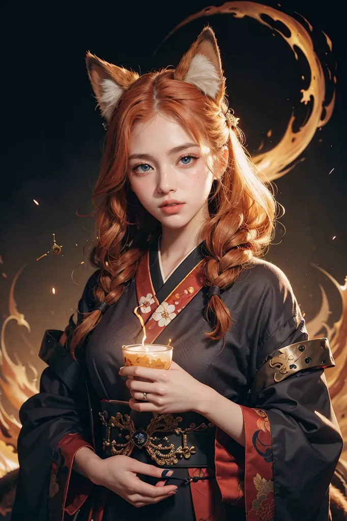 The image shows a beautiful young woman with long red hair and fox ears. She is wearing a traditional Japanese kimono with a red and white floral pattern. The woman is holding a cup of tea in her hands. She has a serene expression on her face. The background is a dark color with a crescent moon.