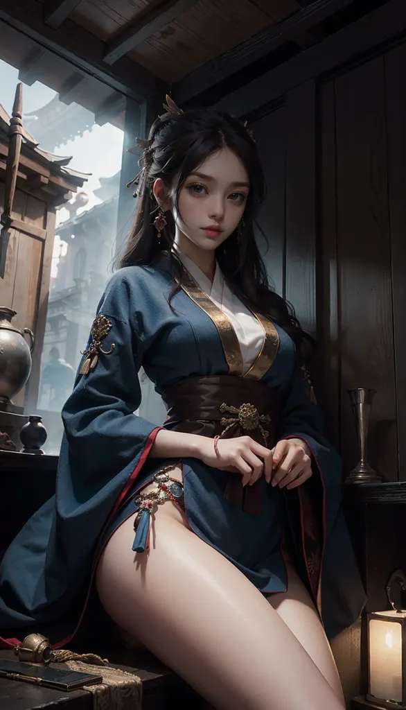 L'image représente une belle femme asiatique aux longs cheveux noirs et aux yeux bruns. Elle porte un kimono bleu et blanc avec une écharpe blanche et une ceinture bleue avec une boucle dorée. Elle est assise sur un banc en bois, les jambes croisées et les mains posées sur ses genoux. Elle regarde le spectateur avec une expression sereine. L'arrière-plan est flou, représentant une cour traditionnelle chinoise.