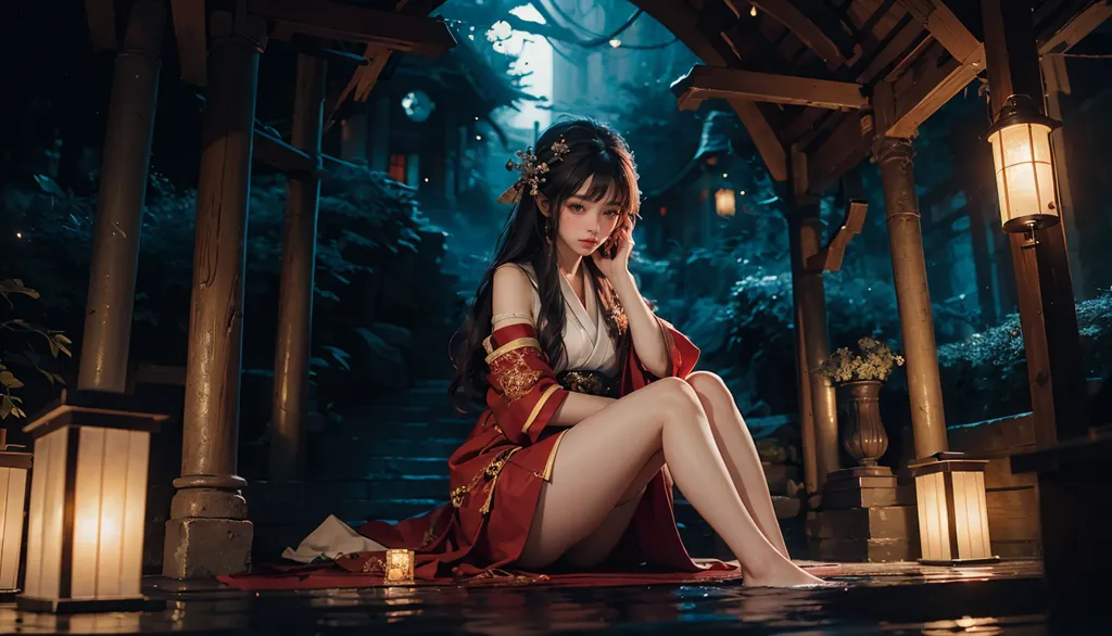 The image is of an anime girl with long black hair and red eyes. She is wearing a red kimono with white and gold accents. She is sitting on a wooden floor in a traditional Japanese house. There are paper lanterns and plants around her. The background is a forest with a blue sky and a full moon. The girl is looking at the viewer with a sad expression on her face.